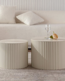 Beige Nesting Coffee Table Set Of 2 Modern Drum Side Table End Table Wave Stripe Round Coffee Table For Living Room