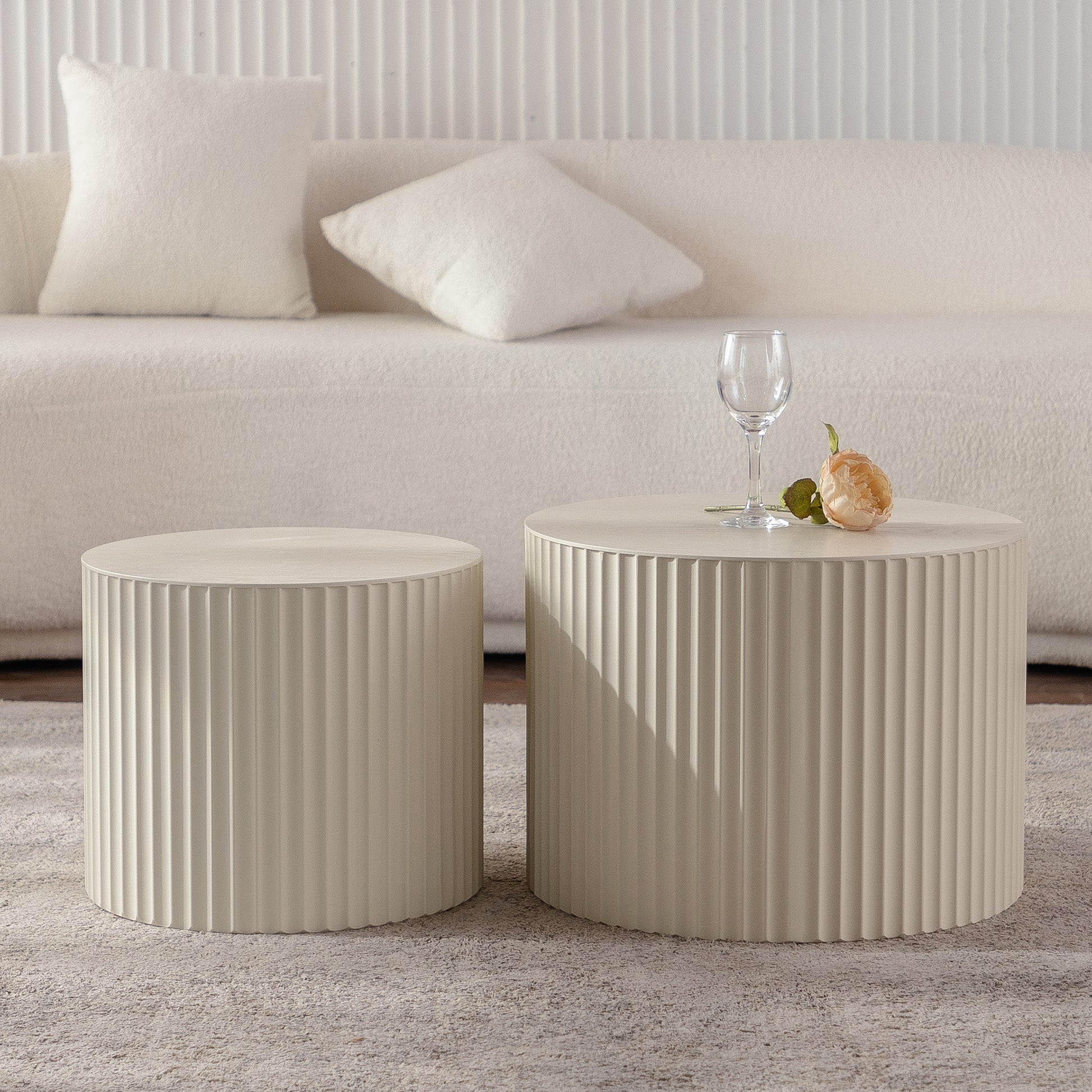 Beige Nesting Coffee Table Set Of 2 Modern Drum Side Table End Table Wave Stripe Round Coffee Table For Living Room