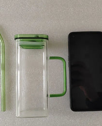 1 Pcs Green Glass Straw Cup, 6 Colors Square Glass Cup With Straw And Lid, High Borosilicate Glass Cup, Milk Cup, Juice Cup, Cold Drink Cup, Coffee Cup, Tea Cup, Office Cup, Gift Cup