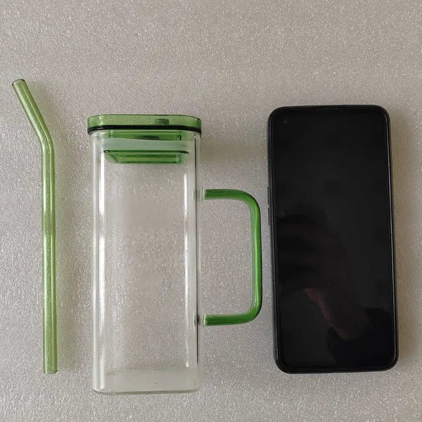1 Pcs Green Glass Straw Cup, 6 Colors Square Glass Cup With Straw And Lid, High Borosilicate Glass Cup, Milk Cup, Juice Cup, Cold Drink Cup, Coffee Cup, Tea Cup, Office Cup, Gift Cup