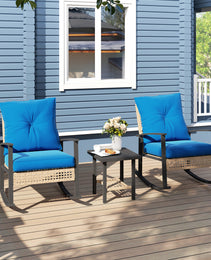 3 Pieces Bistro Set, Patio Wicker Furniture Set With Button Tufted Cushions, Rattan Rocking Chairs, Coffee Table, Blue