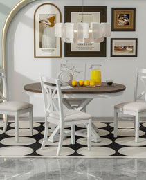 TREXM 5-Piece Retro Functional Dining Table Set Extendable Round Table And 4 Upholstered Chairs For Dining Room And Living Room  Brown Antique White