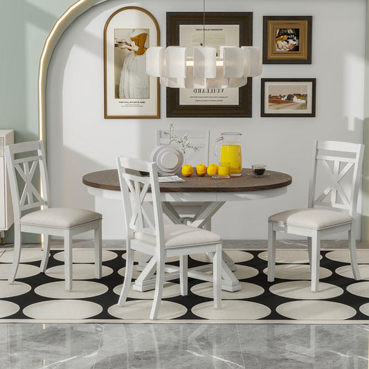 TREXM 5-Piece Retro Functional Dining Table Set Extendable Round Table And 4 Upholstered Chairs For Dining Room And Living Room  Brown Antique White