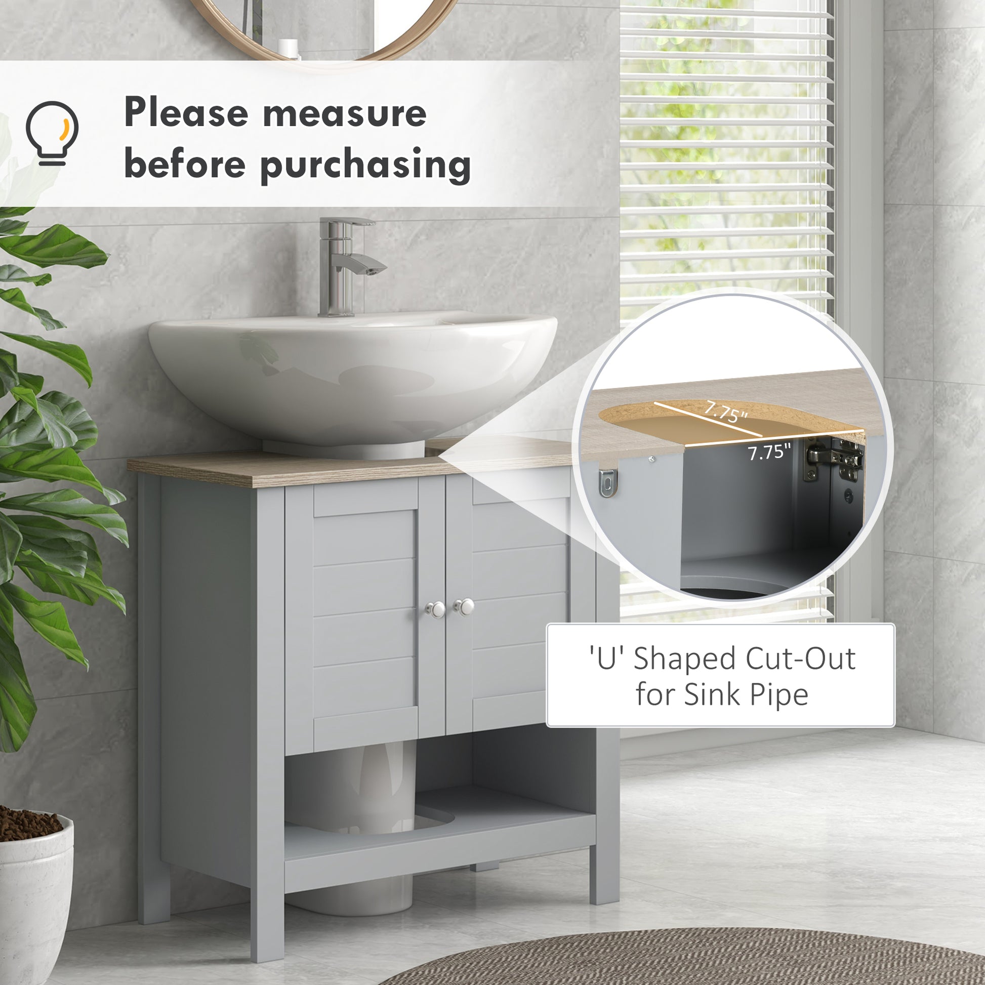 Pedestal Sink Storage Cabinet, Under Sink Cabinet, Bathroom Vanity Cabinet with Adjustable Shelf and Open Bottom Shelf, Gray