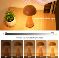 Wooden Small Mushroom Lamp, Touch Switch Cordless Table Lamp for Nightstand