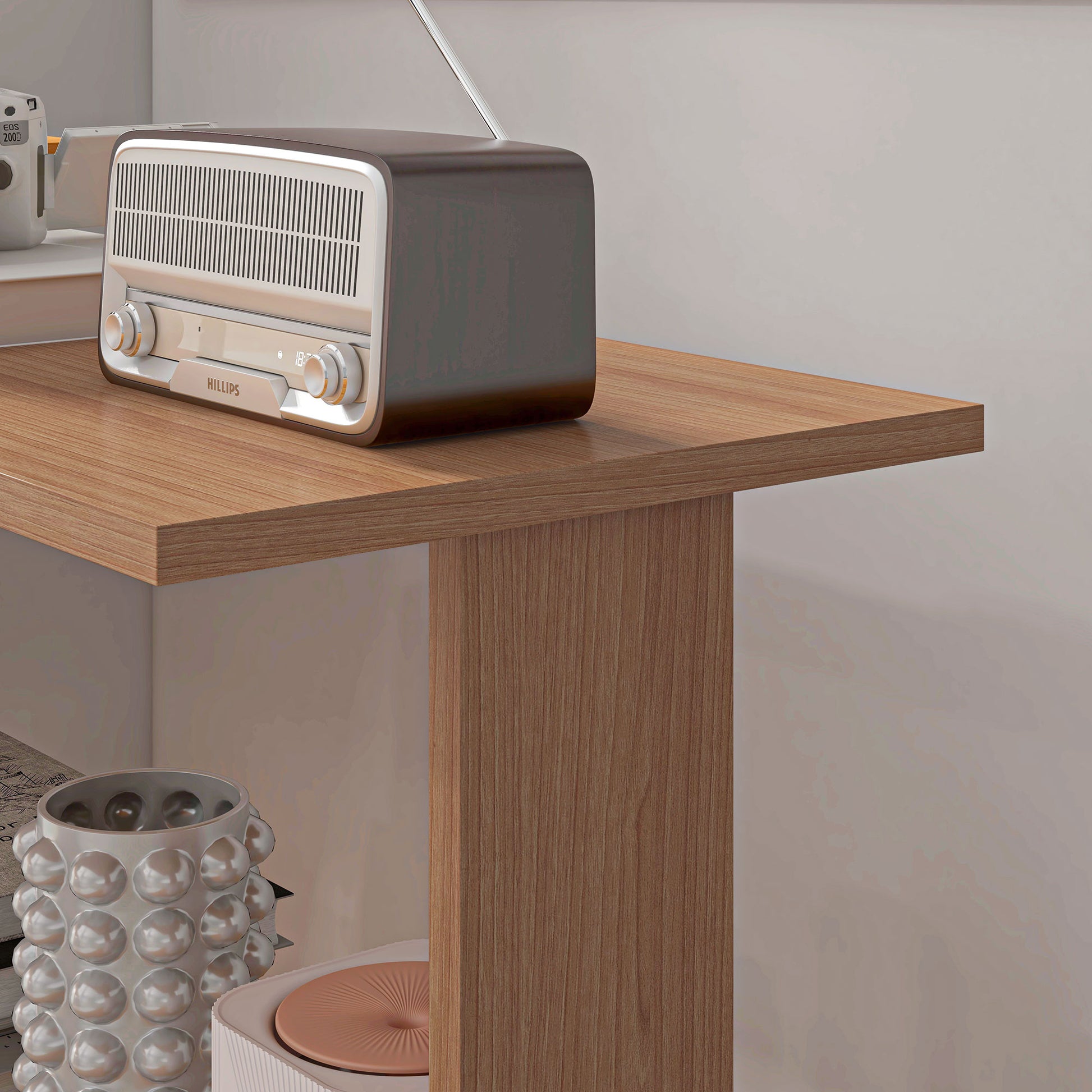 360° Rotating Home Office Desk L Shaped Corner Computer Desk with Storage Shelves, Writing Table Workstation, Teak