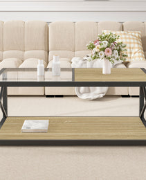 Modern Coffee Table For Bedroom & Living Room, Tempered Glass&Natural Wood MDF Top , Industrial Style Coffee Table