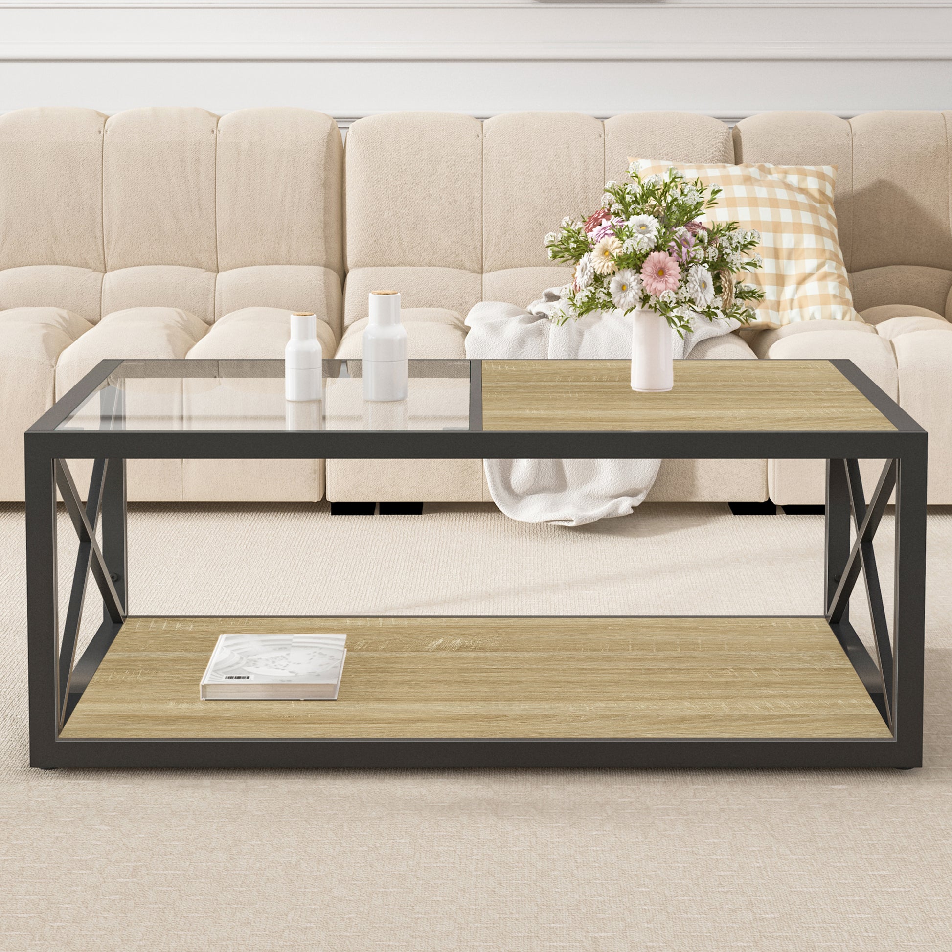 Modern Coffee Table For Bedroom & Living Room, Tempered Glass&Natural Wood MDF Top , Industrial Style Coffee Table