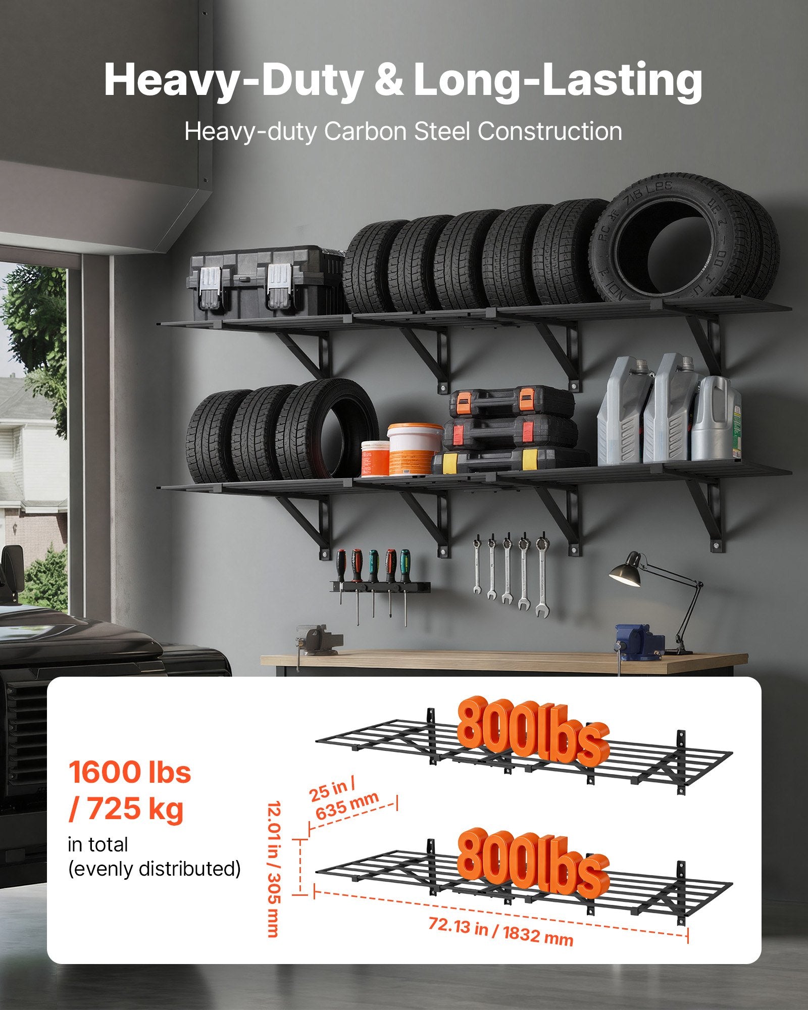 2-Tier Heavy Duty Wall Garage Shelving, 4 Pack 2 X 3 Ft Steel Wall Mounted Shelving Unit, 24 X 72 Inch Per Shelf Floating Storage Metal Rack For Garage, 1600 Lbs Total Weight Capacity, Black