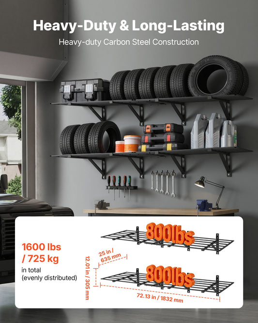 2-Tier Heavy Duty Wall Garage Shelving, 4 Pack 2 X 3 Ft Steel Wall Mounted Shelving Unit, 24 X 72 Inch Per Shelf Floating Storage Metal Rack For Garage, 1600 Lbs Total Weight Capacity, Black