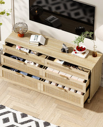 59 Rattan Dresser With Drawers, 6 Drawer Dresser For Bedroom, Clothes Storage Cabinet For Bedroom, Metal Handle Wood Legs For Hallway, Living Room, Bedroom,Natural