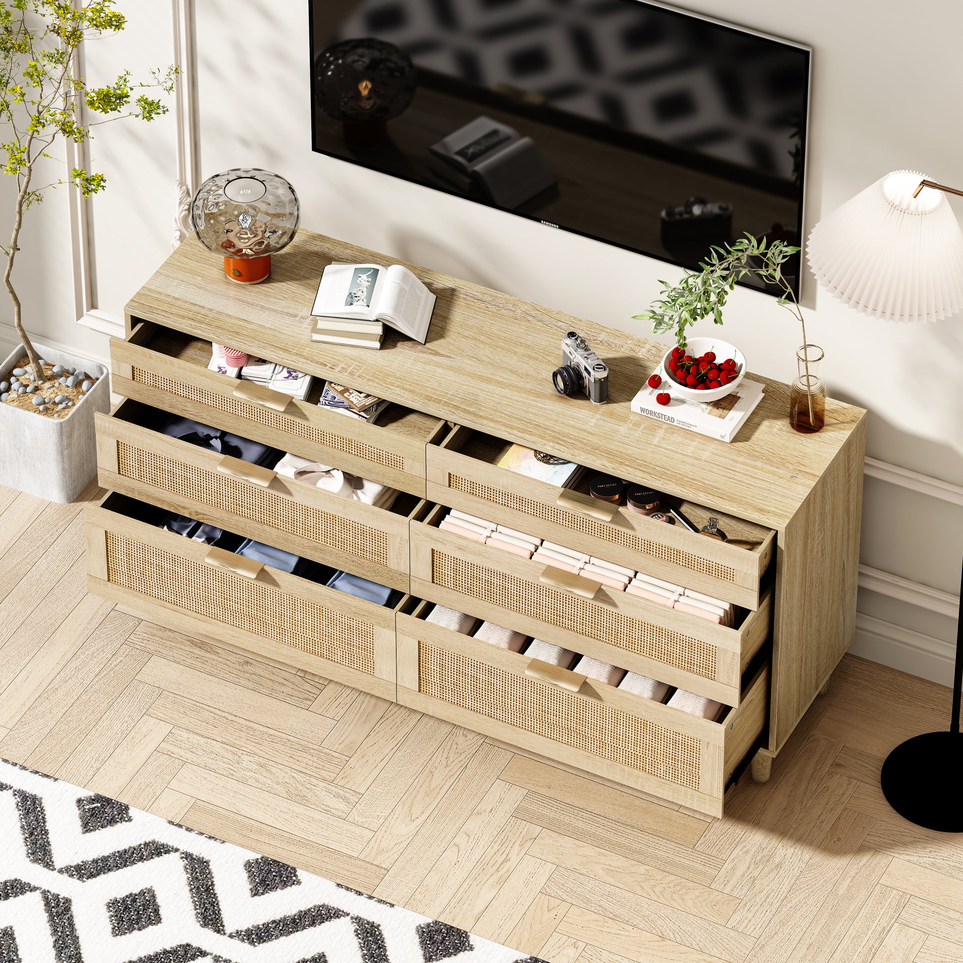 59 Rattan Dresser With Drawers, 6 Drawer Dresser For Bedroom, Clothes Storage Cabinet For Bedroom, Metal Handle Wood Legs For Hallway, Living Room, Bedroom,Natural