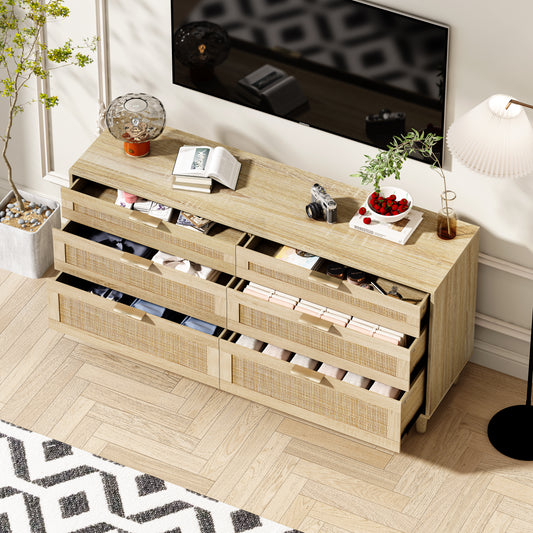 59 Rattan Dresser With Drawers, 6 Drawer Dresser For Bedroom, Clothes Storage Cabinet For Bedroom, Metal Handle Wood Legs For Hallway, Living Room, Bedroom,Natural