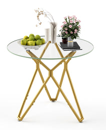 35.4-inch Round Tempered Glass Dining Table, Suitable For 1-4 People, Space-saving Small Kitchen Dining Table, Equipped With Sturdy Metal Table Legs, Suitable For Dining Room, Living Room,Gold