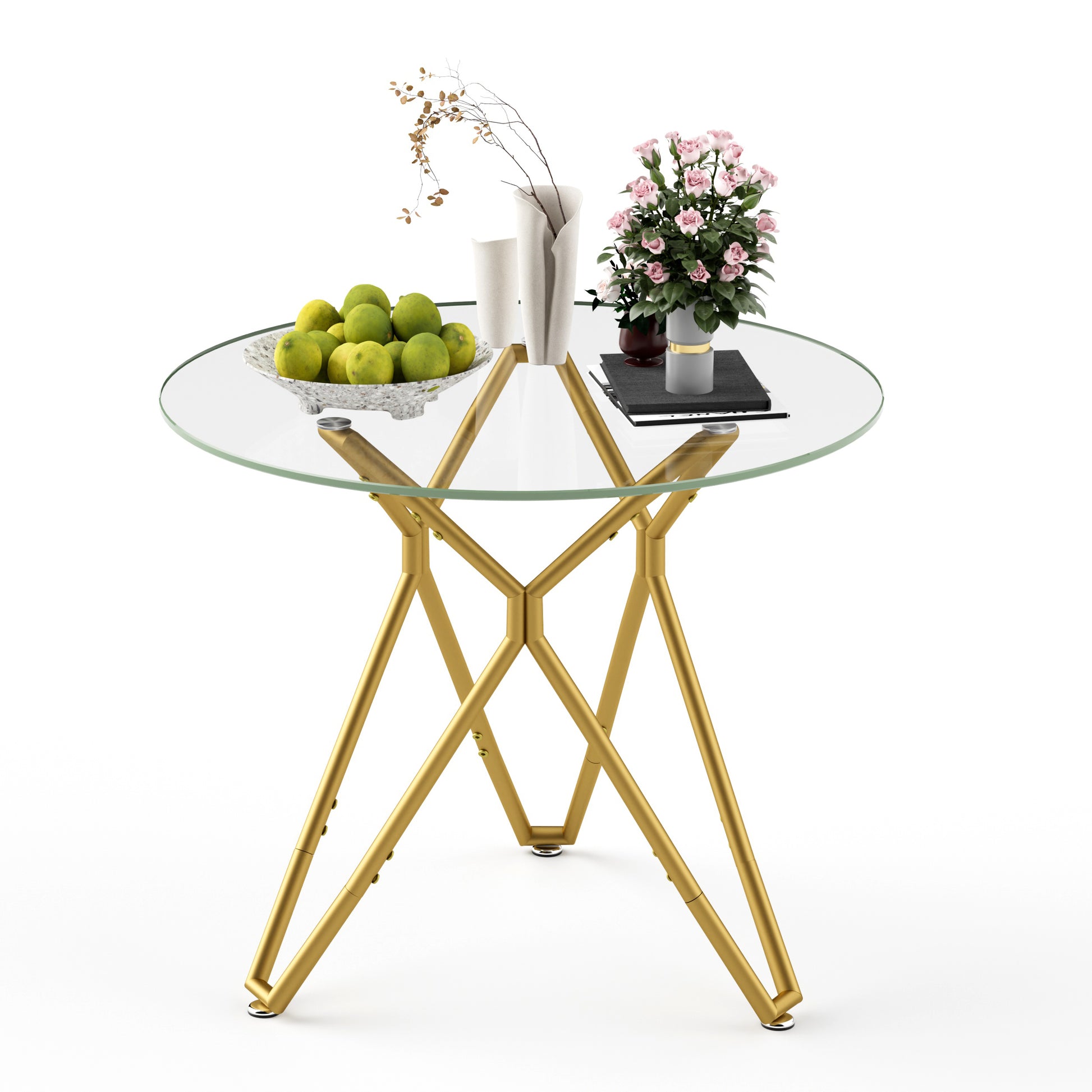 35.4-inch Round Tempered Glass Dining Table, Suitable For 1-4 People, Space-saving Small Kitchen Dining Table, Equipped With Sturdy Metal Table Legs, Suitable For Dining Room, Living Room,Gold