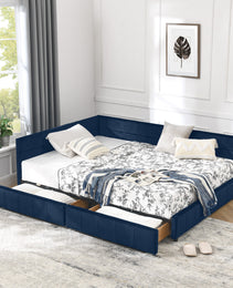 Full Size Storage Upholstered Tufted Bed Frame, Sofa Bed Frame With Comfortable Backrest And Armrests, Full Size Bed For Bedroom, Living Room,Velvet, DARK BLUE 80.5x59x29.5