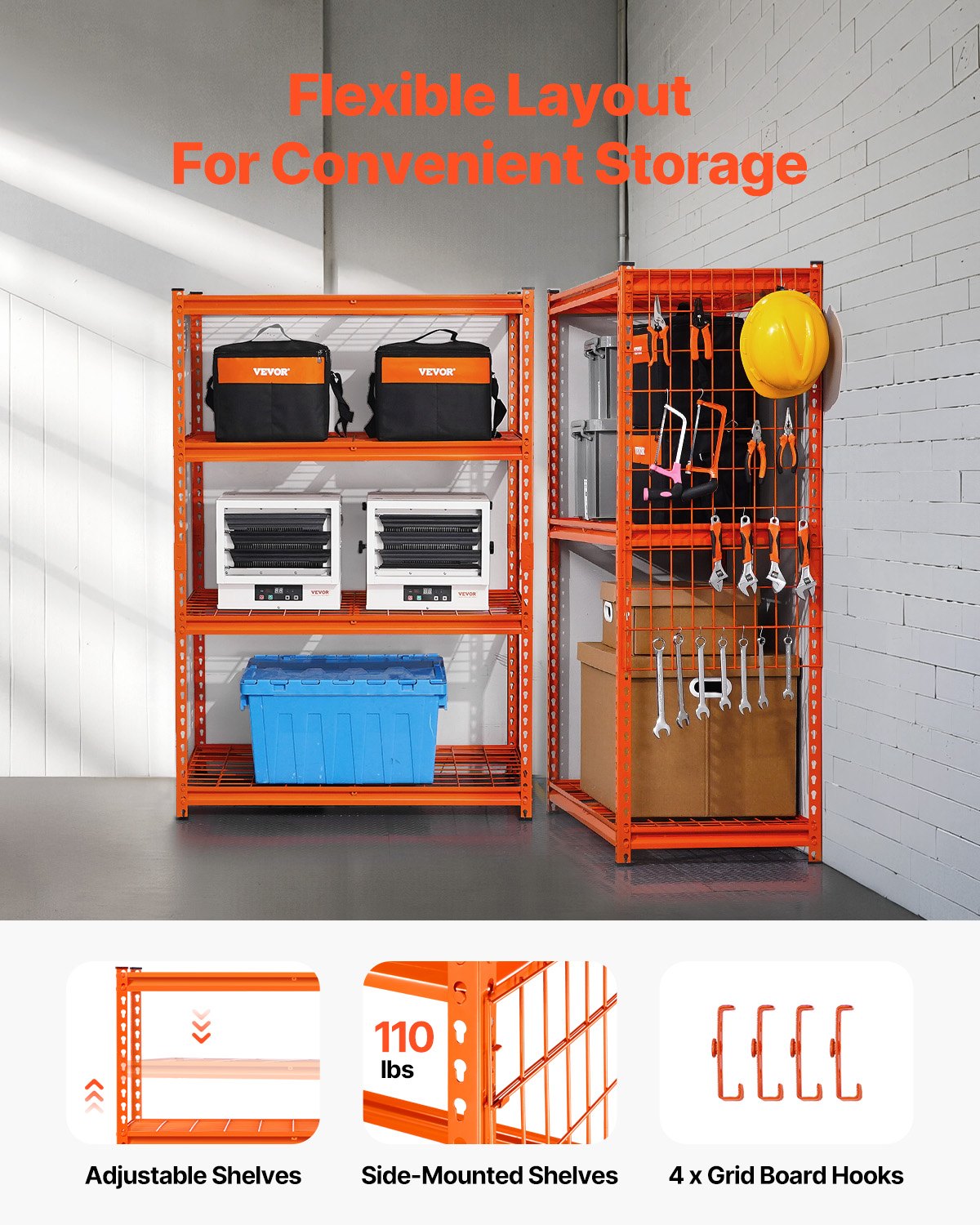 Storage Shelves, 2400 Lbs, 4 Tier Heavy Duty Garage Shelving, 20" D X 40" W X 60" H Adjustable Metal Shelves For Industrial Shelving Unit Utility Shelf, For Kitchen, Warehouse, Basement, Orange