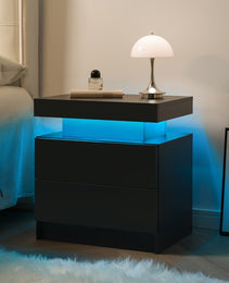 Nightstand LED Bedside Table Cabinet Lights Modern End Side With 2 Drawers For Bedroom Black