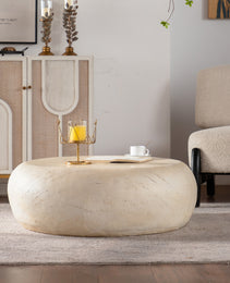 MgO Mid-Century Round Centre Coffee Table Vintage Faux Stone Sofa Pre-Modern Coffee Tables Beige Coffee Table For Living Room Office Apartment