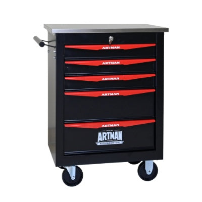5 Drawers Multifunctional Tool Cart With Wheels,Metal Rolling Tool Cart Storage For Garage Workshop Warehouse Repair Shop--With Stainless Steel Roof- BLACK RED