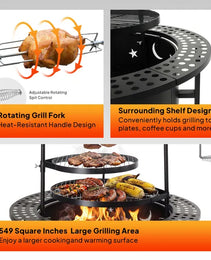33 Inch Outdoor Fire Pit With 2 Cooking Grills, Wood Burning Firepit With Removable Swivel Grill, For Backyard Deck Bonfire Patio Picnic, Black