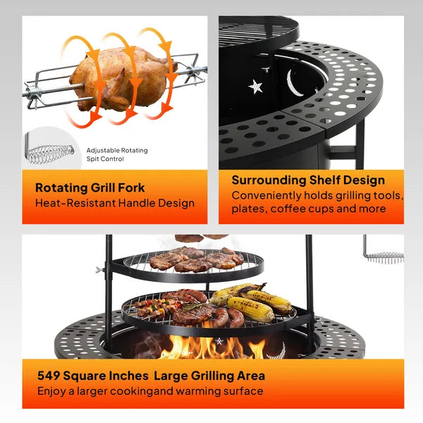 33 Inch Outdoor Fire Pit With 2 Cooking Grills, Wood Burning Firepit With Removable Swivel Grill, For Backyard Deck Bonfire Patio Picnic, Black