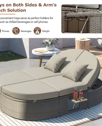 TOPMAX Outdoor Sun Bed Patio 2-Person Daybed With Cushions And Pillows, Rattan Garden Reclining Chaise Lounge With Adjustable Backrests And Foldable Cup Trays For Lawn,Poolside, Gray