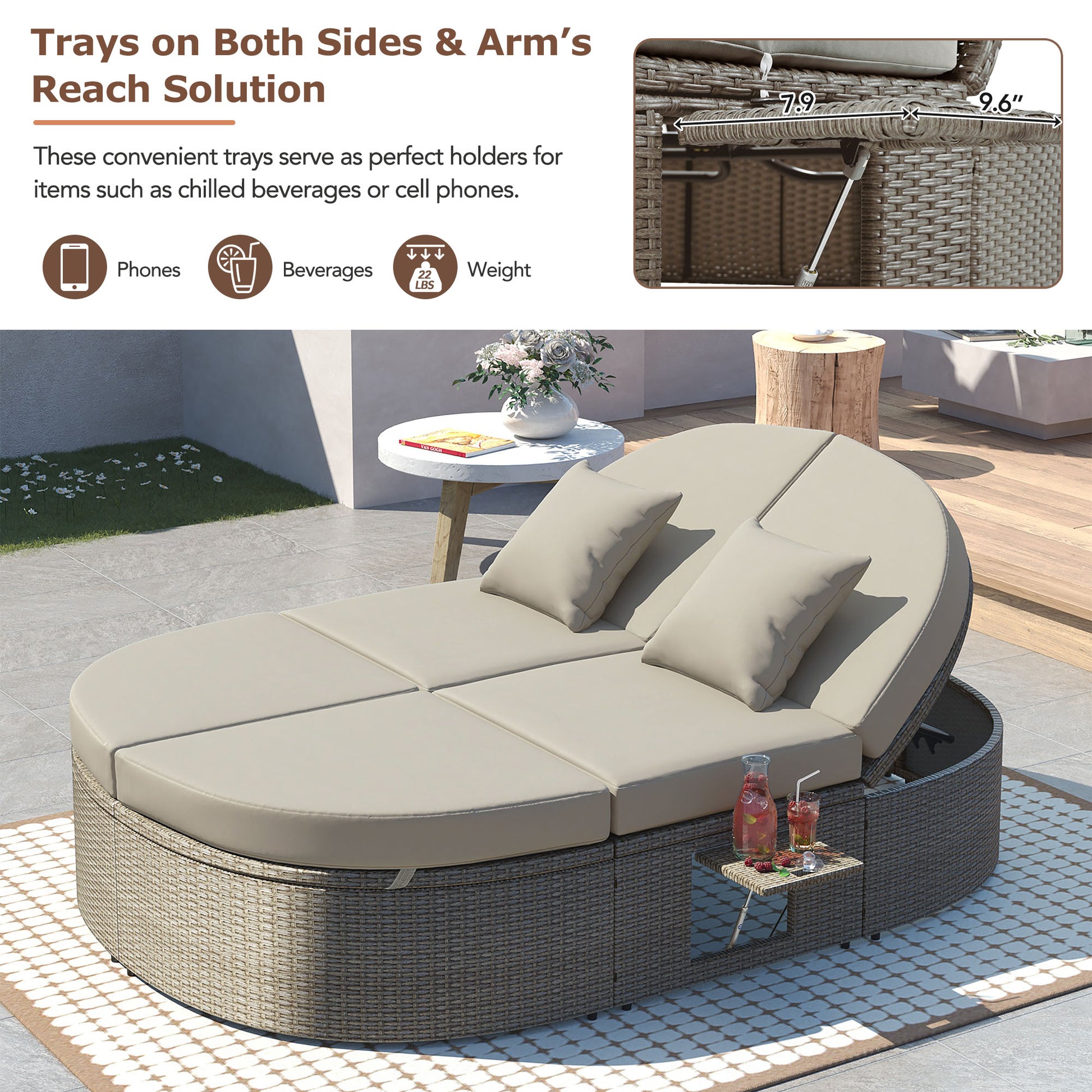 TOPMAX Outdoor Sun Bed Patio 2-Person Daybed With Cushions And Pillows, Rattan Garden Reclining Chaise Lounge With Adjustable Backrests And Foldable Cup Trays For Lawn,Poolside, Gray