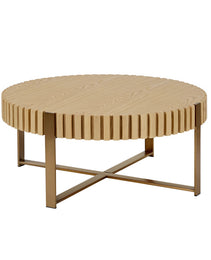 Modern Handcraft Drum Coffee Table 31.5 Inch Round Coffee Table For Living Room,Small Coffee Table With Sturdy Pedestal,Natural Ash