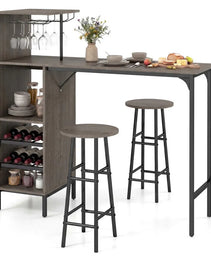 3PCS Bar Table & Stools Set, Wine Storage (6 Bottles + Wine Glass Holder), Oak