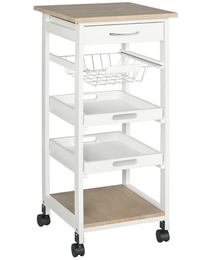 Mobile Kitchen Cart, Rolling Kitchen Island with Storage, Solid Wood Frame Utility Cart with Wire Fruit Baskets, Trays and Drawer, White