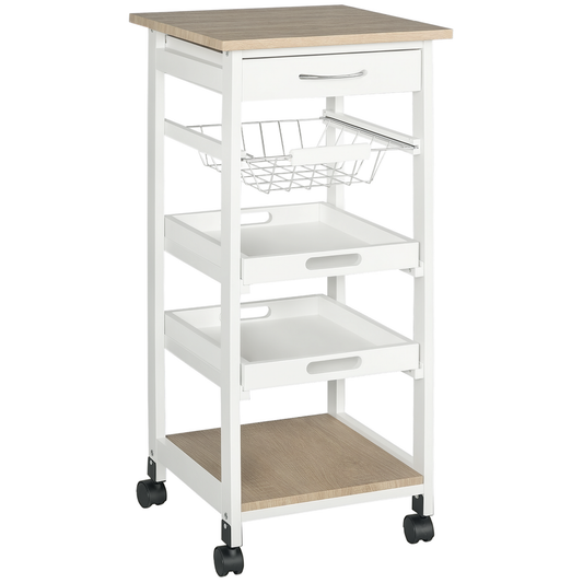 Mobile Kitchen Cart, Rolling Kitchen Island with Storage, Solid Wood Frame Utility Cart with Wire Fruit Baskets, Trays and Drawer, White