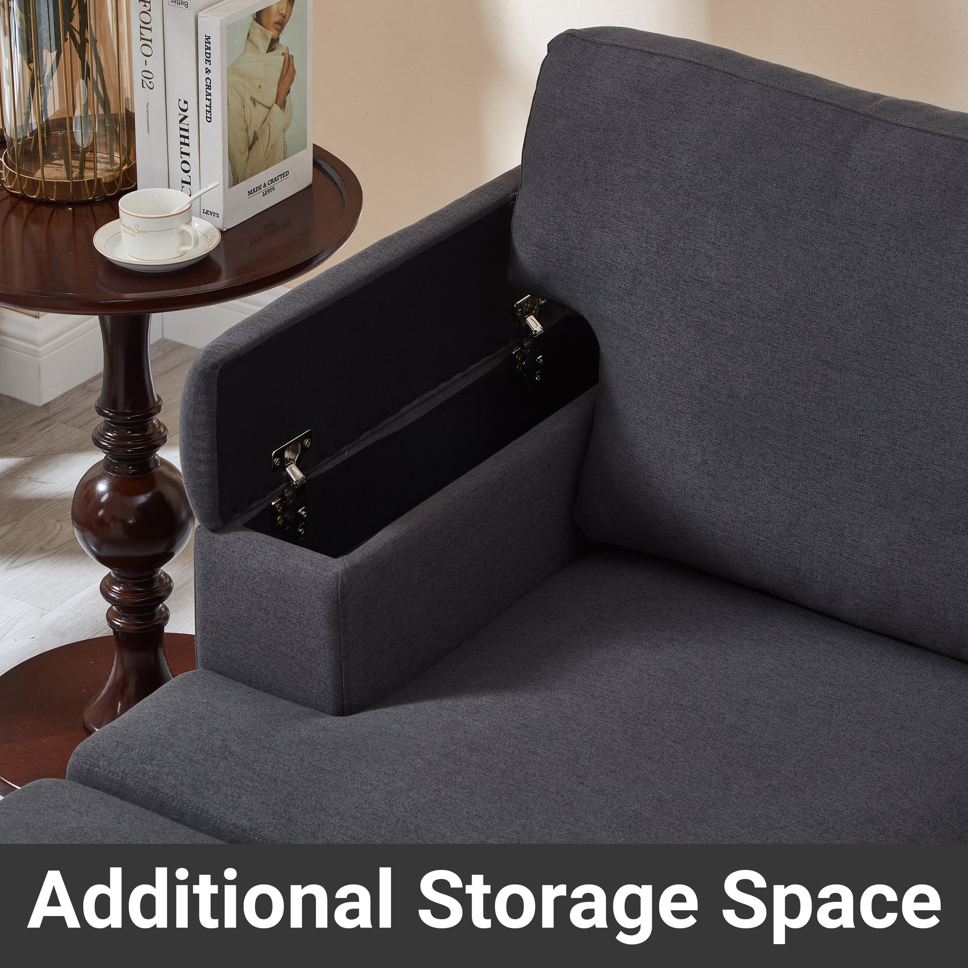 86'' L Shaped Couch With Armrest Organizer,3 Seats Sofas With Movable Ottoman,Comfy Sectional Sofa With Thick Cushion,Linen Sectional Couches For Living Room,Bedroom,Apartment,Dark Gray