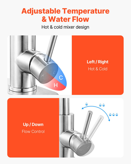 Single Handle Sink Faucet, Brushed Nickel Kitchen Faucet With Pull Down Sprayer, Suitable For Bathroom, RV, Bar Sink, Public Restroom, Stream & Spray Dual Water Flow Modes, Leak-Proof Valve