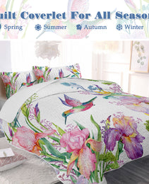 Watercolor Hummingbird Flowers Pattern Quilt Set -1 Quilt, 2 Shams