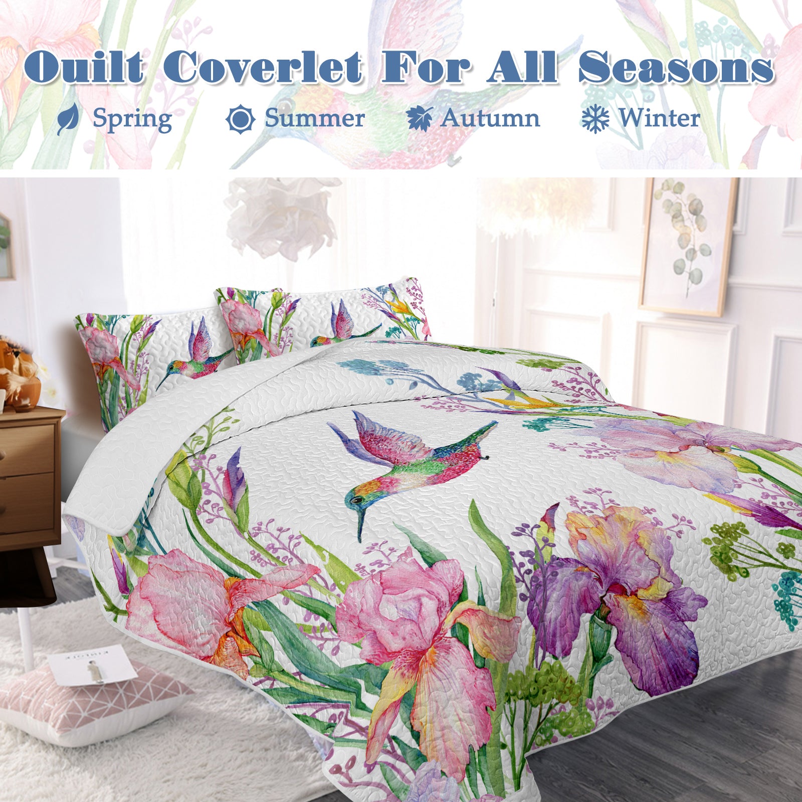 Watercolor Hummingbird Flowers Pattern Quilt Set -1 Quilt, 2 Shams