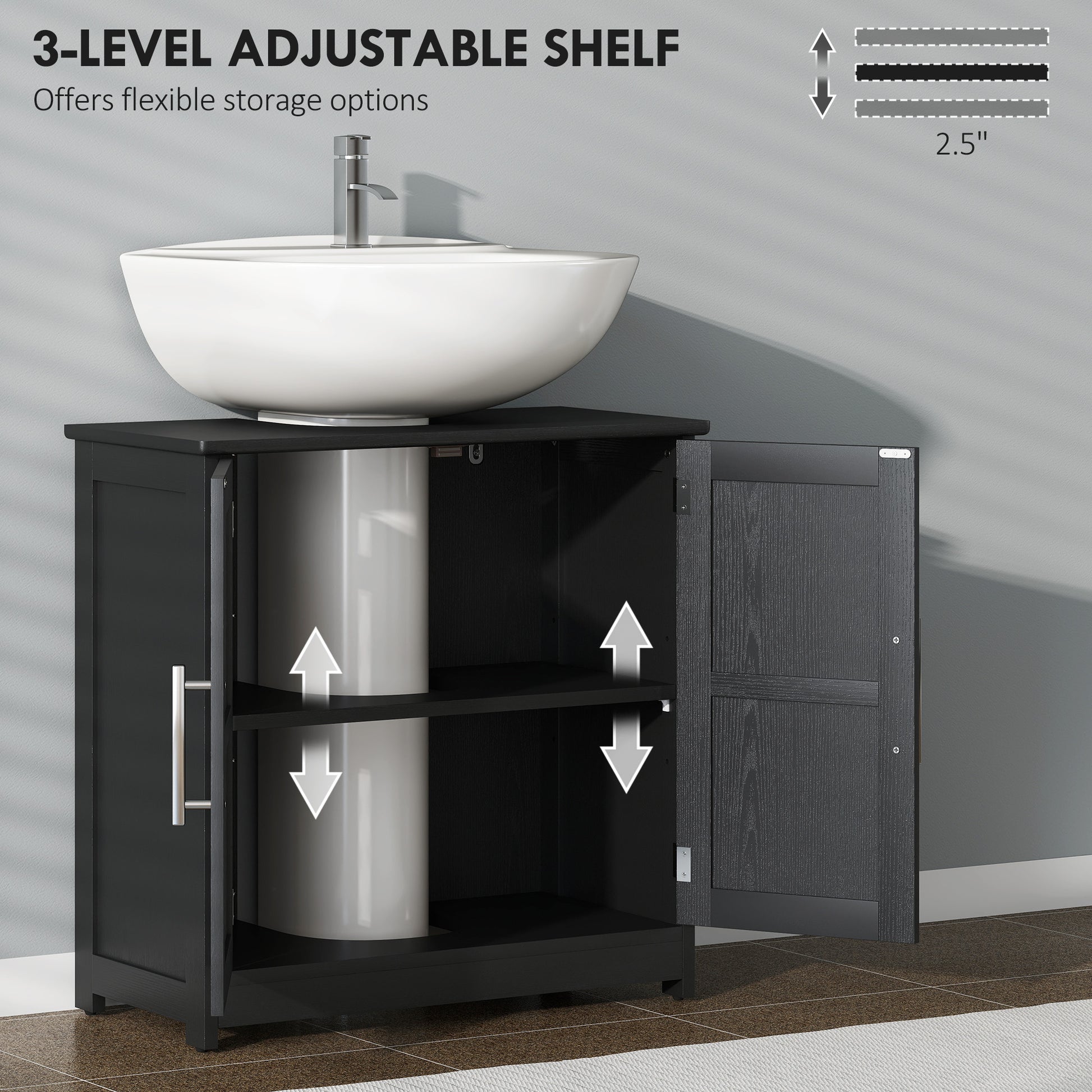 Farmhouse Pedestal Sink Storage Cabinet, Bathroom Sink Cabinet with 2 Barn Doors and Adjustable Shelf, Distressed Black