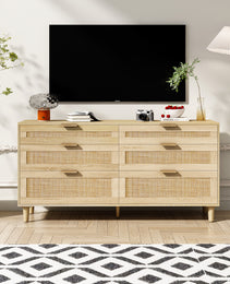 59 Rattan Dresser With Drawers, 6 Drawer Dresser For Bedroom, Clothes Storage Cabinet For Bedroom, Metal Handle Wood Legs For Hallway, Living Room, Bedroom,Natural