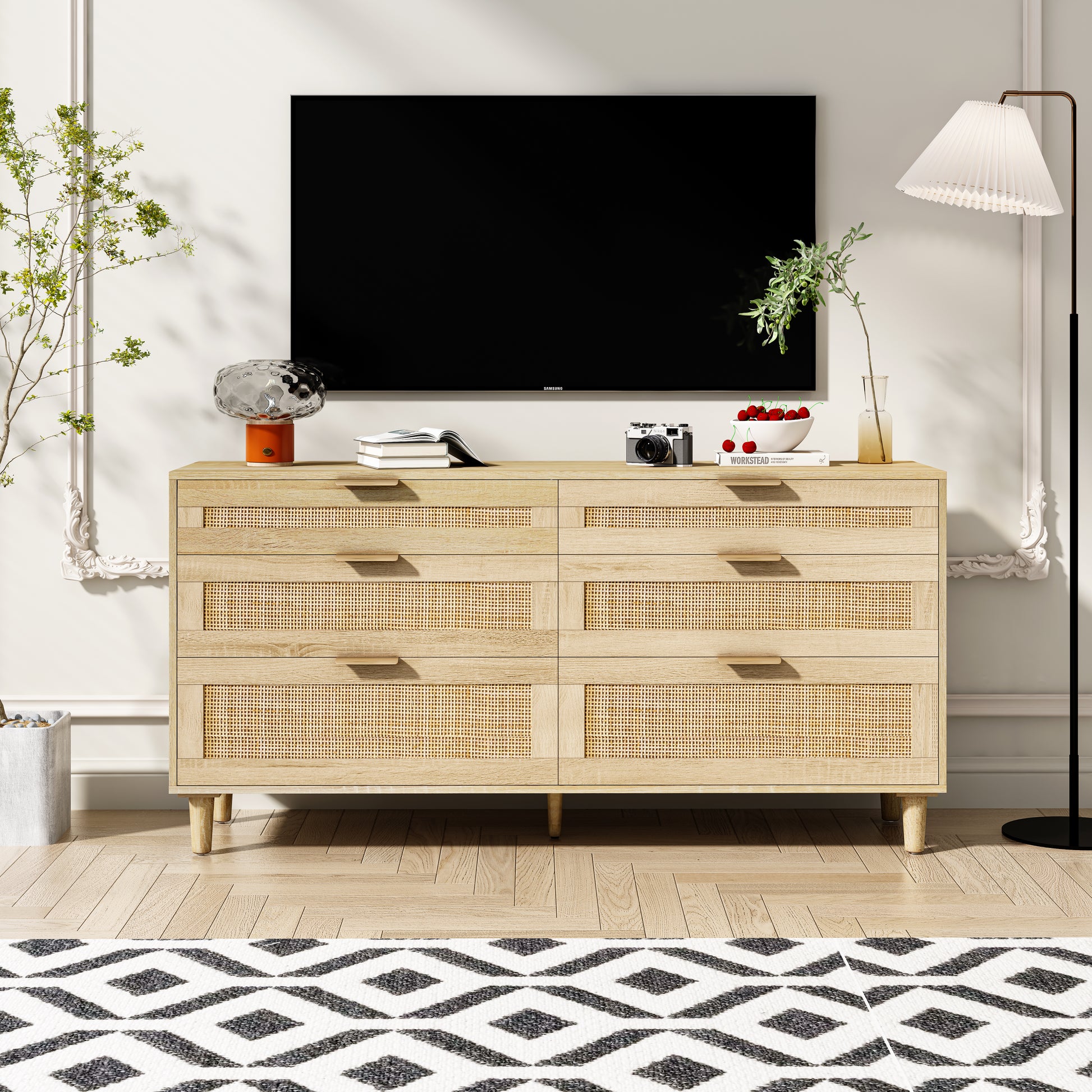 59 Rattan Dresser With Drawers, 6 Drawer Dresser For Bedroom, Clothes Storage Cabinet For Bedroom, Metal Handle Wood Legs For Hallway, Living Room, Bedroom,Natural