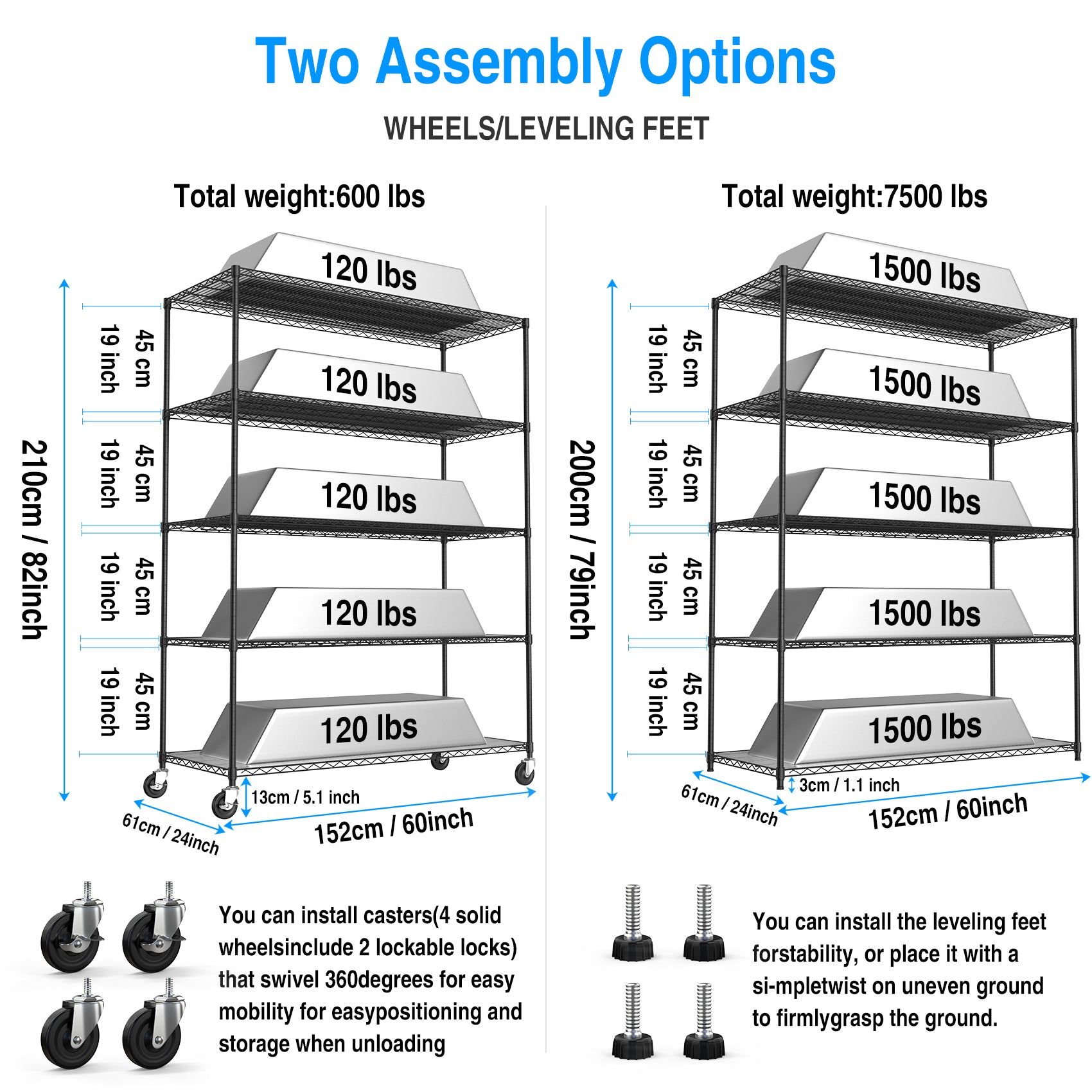 5 Tier 7500lbs Heavy Duty Adjustable Storage Rack Metal Shelf Wire Shelving Unit With Wheels & Shelf Liners - 82H X 60 L X 24 D - Black