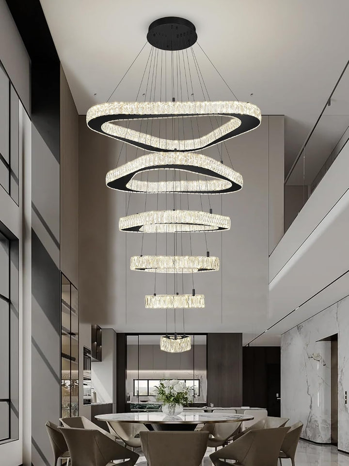 Modern Crystal Chandeliers for High Ceiling 6 Ring Chandelier LED Black Ceiling Lights Fixtures High Ceiling Chandelier for Foyer Staircase Living Room Dining Room 2700K-6000K
