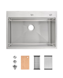 Stainless Steel Kitchen Sink, Single Bowl, Overmount Handmade Sink In Brushed, With Cutting Board, Colander
