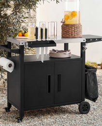 K&K Outdoor Grill Cart With Storage Cabinet, Outdoor Metal Kitchen Island With Foldable Table, Pizza Oven Table With Wheels & Stainless Steel Top & Hooks & Spice Rack For BBQ,Waterproof Cover Included