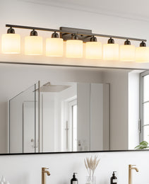 8-Light Bathroom Light Fixtures Over Mirror, 52inch Modern Matte Black Vanity Lights With White Frosted Glass Shade, Bathroom Wall Lamp Sconces For Mirror Bedroom, Living Room Hallway