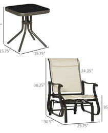 3-Piece Outdoor Gliders Set Bistro Set With Steel Frame, Tempered Glass Top Table For Patio, Garden, Backyard, Lawn, Beige