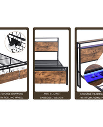 Full Size Bed Frame With Storage Headboard And 2 Drawers, LED Lights Bed With Charging Station, Metal Platform Bed No Noise