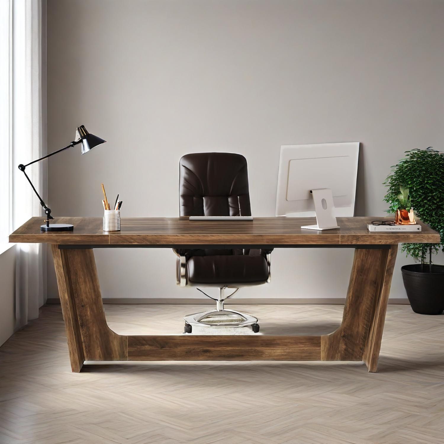 70.87-Inch Executive Computer Desk: Large Home Office Desk With Solid Wooden Pedestal, Industrial Wood Study Writing Table
