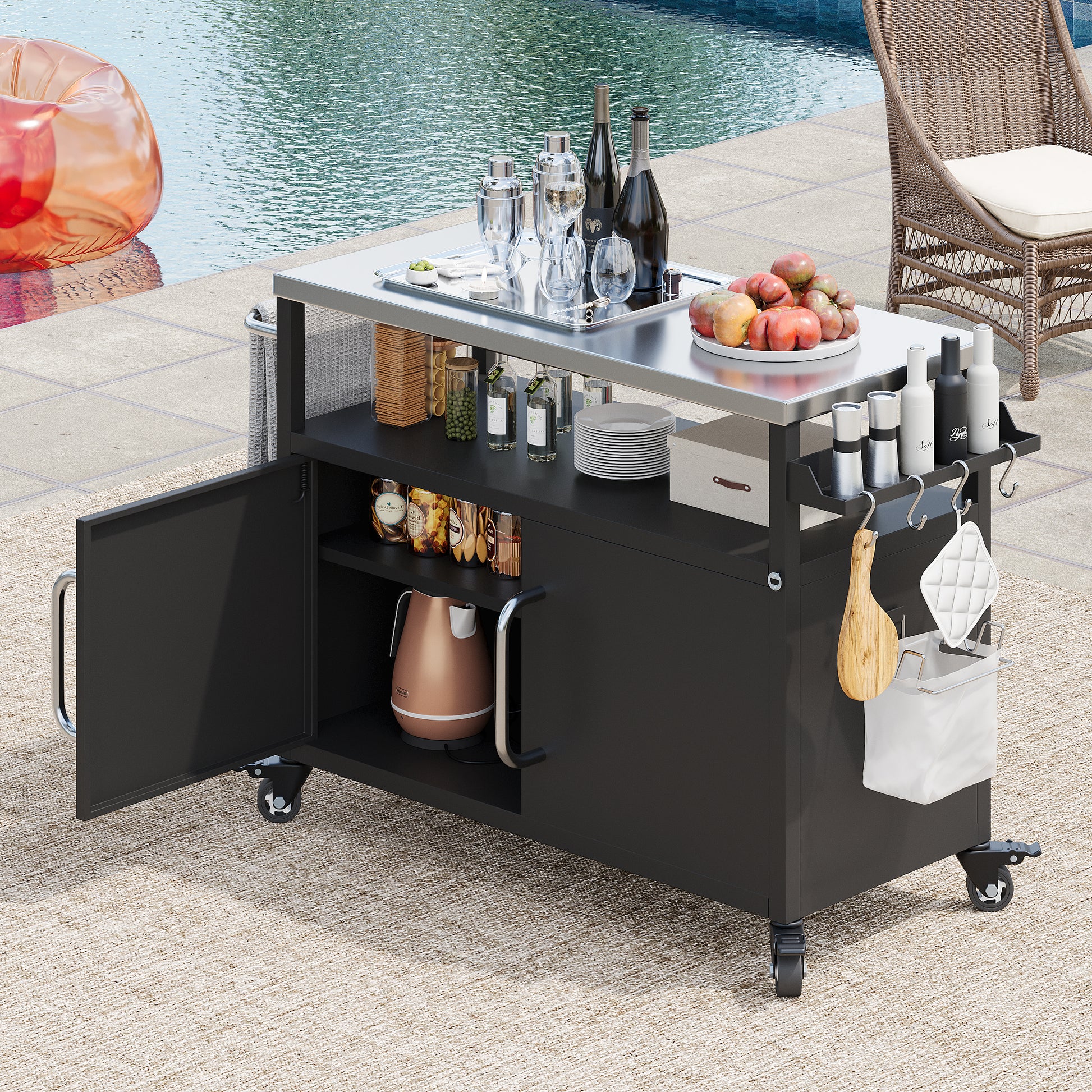 K&K 54.5  Outdoor Kitchen Island With Stainless Steel Tabletop, Metal Grill Cart Table With Storage Cabinet, Spice Rack And Towel Rack, Outdoor Bar Cart With 4 Lockable Wheels For Outside BBQ
