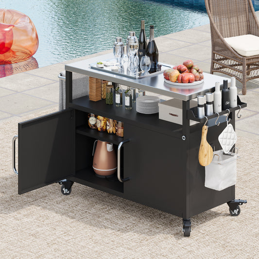 K&K 54.5  Outdoor Kitchen Island With Stainless Steel Tabletop, Metal Grill Cart Table With Storage Cabinet, Spice Rack And Towel Rack, Outdoor Bar Cart With 4 Lockable Wheels For Outside BBQ