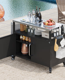 K&K 54.5  Outdoor Kitchen Island With Stainless Steel Tabletop, Metal Grill Cart Table With Storage Cabinet, Spice Rack And Towel Rack, Outdoor Bar Cart With 4 Lockable Wheels For Outside BBQ